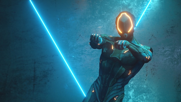 dancing alien robot on a metal background with bright neon lights