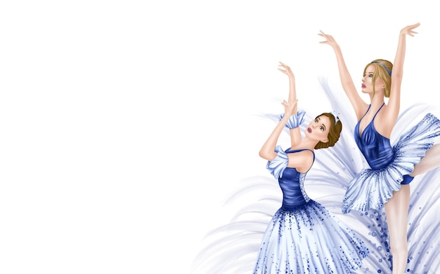 Photo dancing ballerina girls a theatrical performance of elegant artists in blue stage costumes and tutus