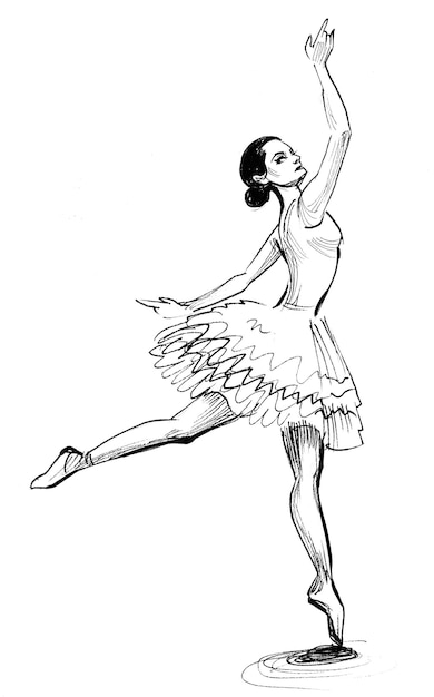 Dancing ballerina. Ink black and white drawing