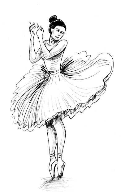 Dancing ballerina. Ink black and white drawing