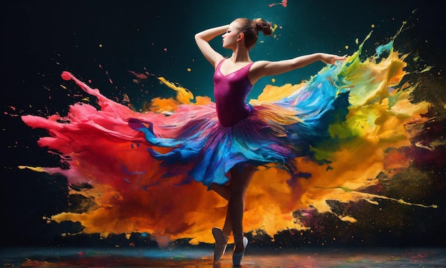 a dancing ballerina looking as if she was made of spilling paints of various colors Colorful