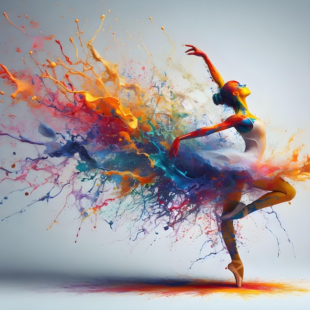 A dancing ballerina looking as if she was made of spilling paints of various colors