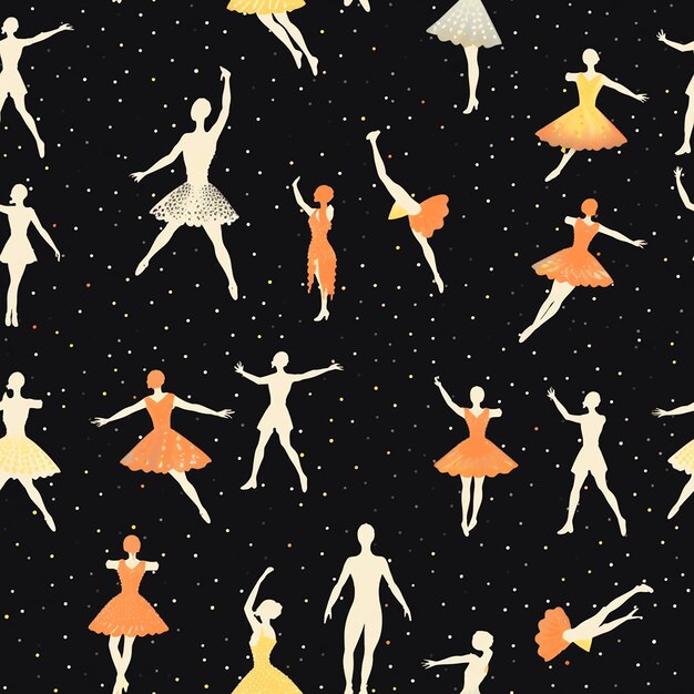 dancing ballet dancers on a black background with stars and polka dots.