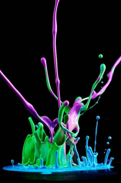 Dancing colored paint. Abstract sculpture dye. Splash of ink on a black background