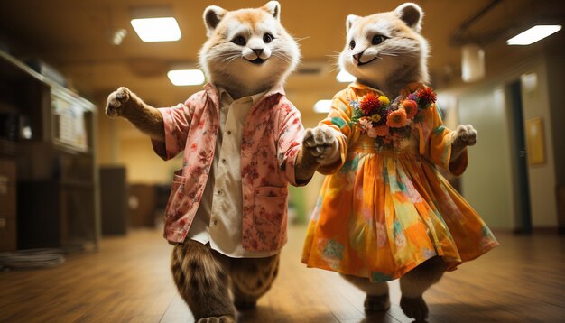 Photo dancing couple decked out in animal costumes