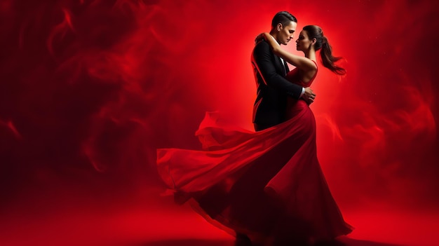 Танцующая пара потрясающая женщина в красном наряде и мужчина в костюме летают и машут руками Генеративный ИИ