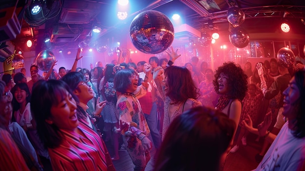 Dancing in the dancefloor with colorful reflection discoball and light