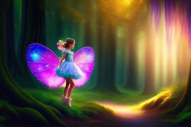 Photo dancing fairy in an enchanted magical forest digital artwork