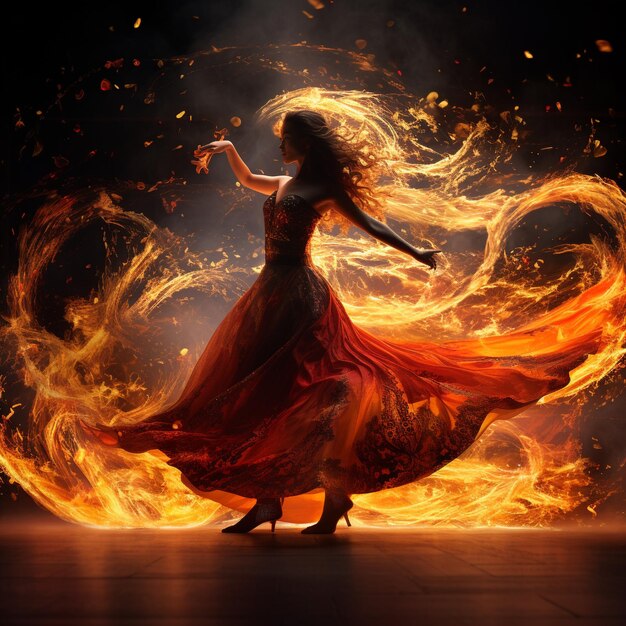 Photo dancing flames shadows of fire dancers flicker against a dark night sky