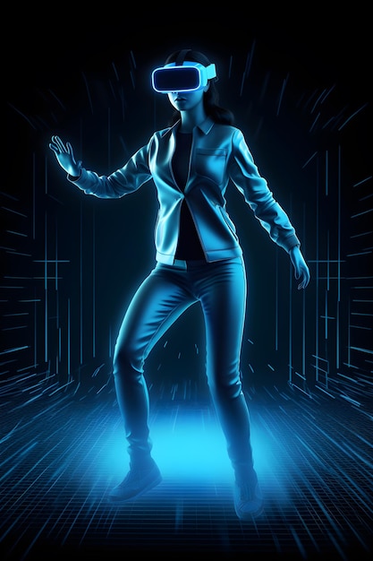 dancing gamer person wearing virtual glasses on blue neon background generative ai