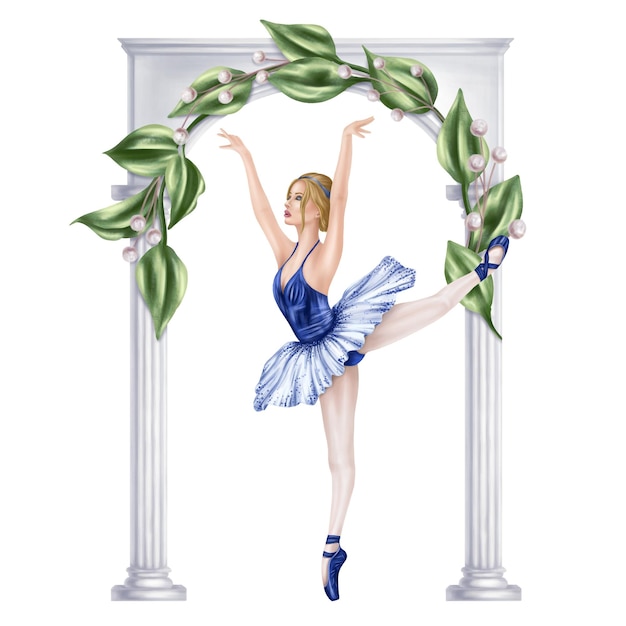 Танцующая девушка под садовой мраморной аркой, переплетенной листьями и декоративными цветами Театральное представление элегантной балерины в синем туту и штифтовых ботинках Цифровая изолированная иллюстрация