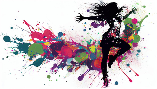 Photo the dancing girl with colorful spots and splashes on white background with generative ai technology