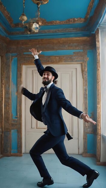 Dancing having fun portrait of a young orthodox jewish men isolated on blue wall