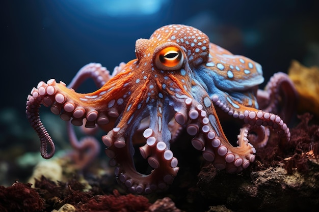 Dancing octopus amid vibrant corals in the ocean depths generative IA