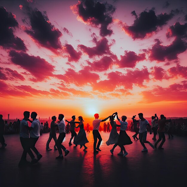 Photo dancing people in the evening sunset