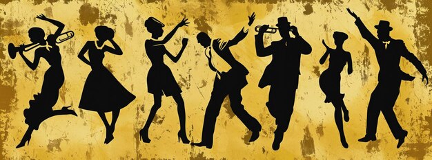 Photo dancing people silhouettes in black and golden background