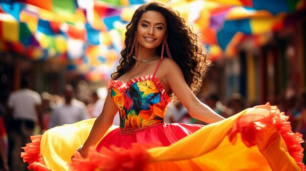 Dancing pretty Colombian woman wearing beautiful dress festival