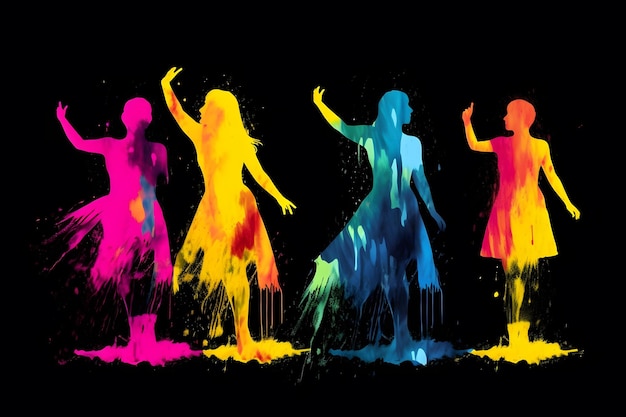 Photo dancing silhouettes of people on a rainbow watercolor paint splash neural network ai generated