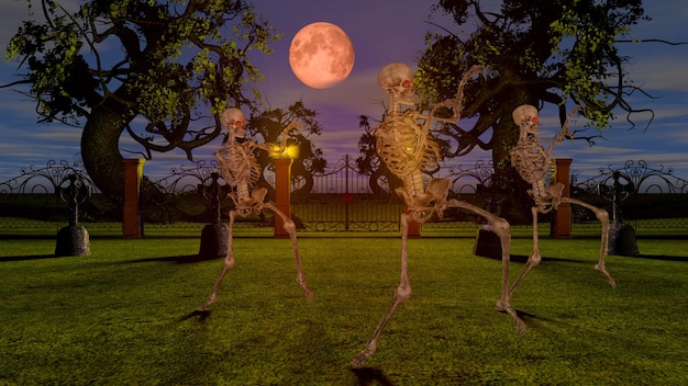 Dancing skeletons in the cemetery at night. Halloween concept. 3D rendering.