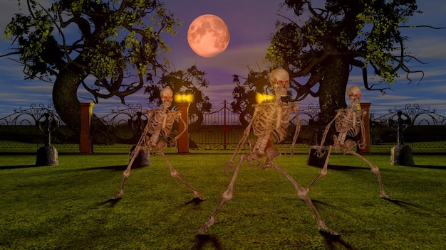 밤에 묘지에서 춤추는 해골. 할로윈 개념입니다. 3D 렌더링.