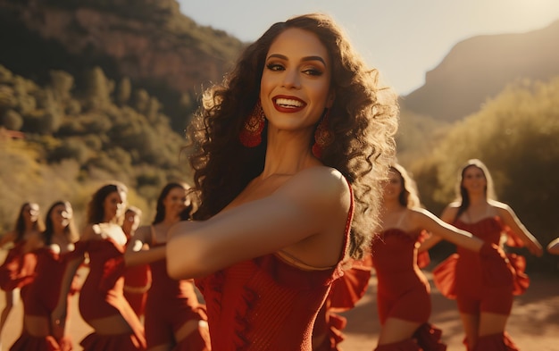 Dancing spanish woman dressed as sevillanas at a traditional