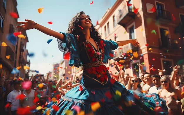 Dancing spanish woman dressed as sevillanas at a traditional