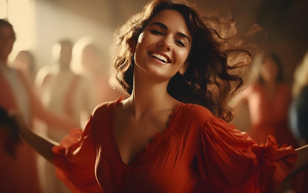 Dancing spanish woman dressed as sevillanas at a traditional