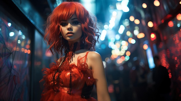 Dancing Woman in Red Halloween Costume Nightclub Vibes with Neon Background