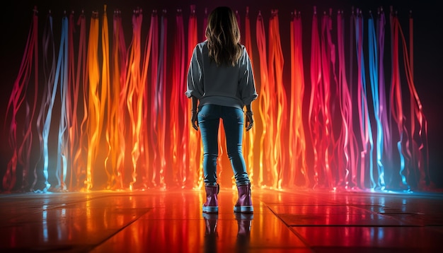 Photo dancing woman on tiptoe wearing vibrant neon