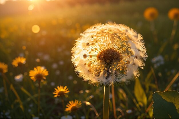 Dandelion on the background of the setting sun nature and floral botany