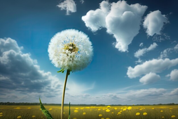 Dandelion blooming in meadow with clear blue sky and fluffy clouds