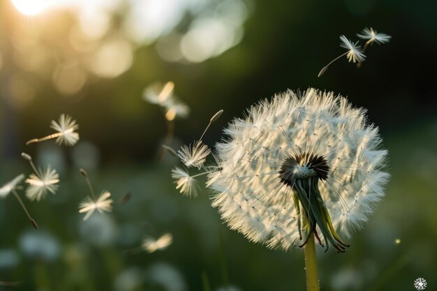A dandelion blowing in the wind its seeds scattering away symbolizing the dispersal
