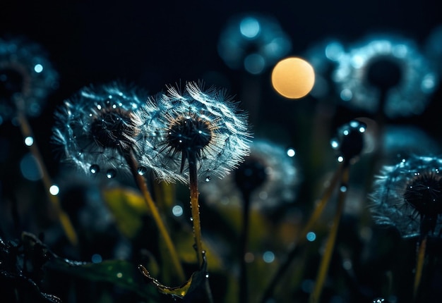 春の自然の野原で花をくダンドレオンと夜の庭園の植物の自然の背景