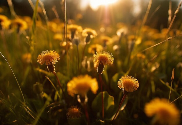 春の自然の畑で花をくダンドレオンのクローズアップと日没の生態系の自然の背景