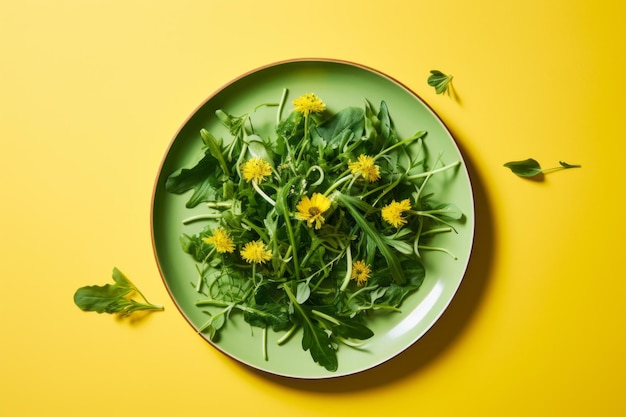 <unk>꽃 과 맛 있는 활기찬 초록색 러드 가 노란색 접시 에 제공 된다