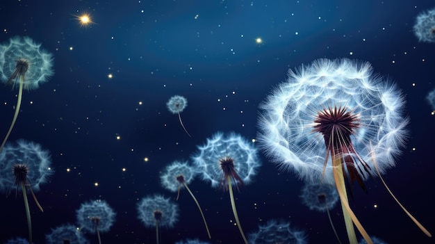 Dandelion dispersing each seed a tiny star