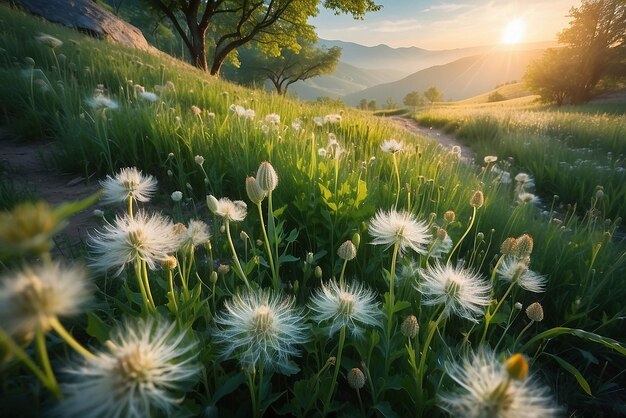 Foto campo di dente di leone nel paesaggio rurale all'alba bellissimo paesaggio naturale con erbacce in fiore al mattino nuvole leggere sul cielo sopra la montagna lontana