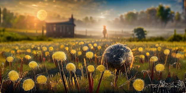 Dandelion field in rural landscape at sunrise. digital illustration. painting