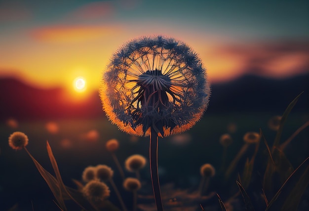 Dandelion In Field At SunsetxAillustration AI generative