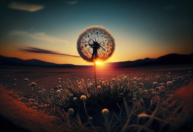 Dandelion In Field At SunsetxAillustration AI generative