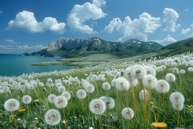 Dandelion Field With Mountain Background