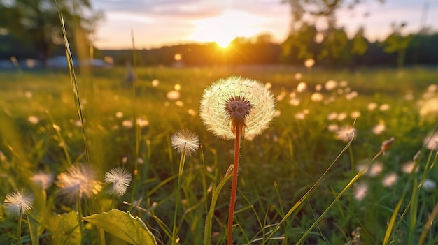 A dandelion in a field with the sun setting behind it