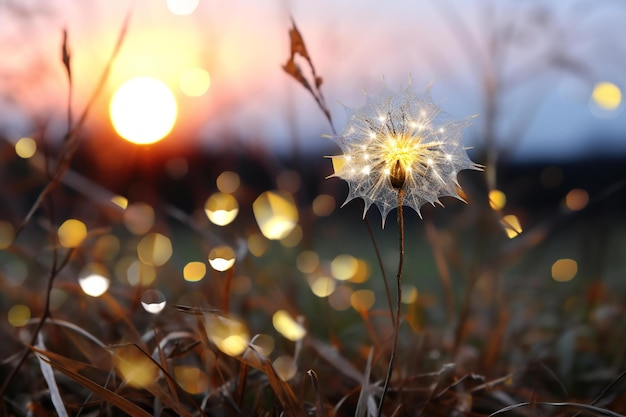 Dandelion flower in the grass on the background of the setting sun