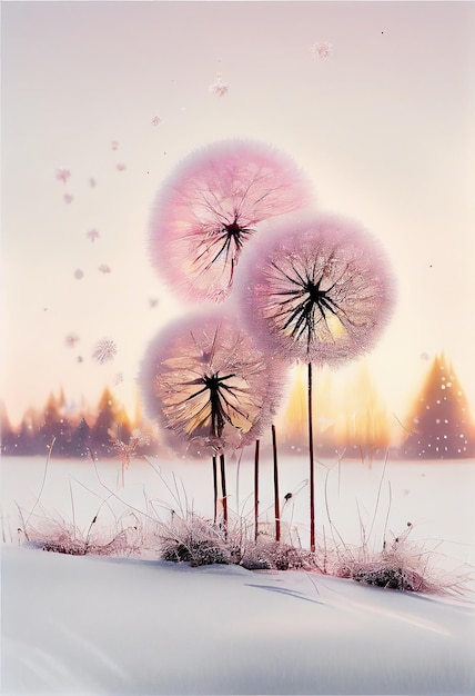 Dandelion flower and snow