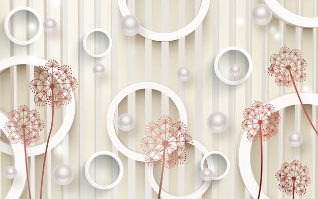 dandelion flowers 3d mural illustration background with golden circles simple golden decorative