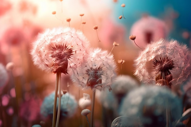 Dandelion flowers in a field of pink and blue.