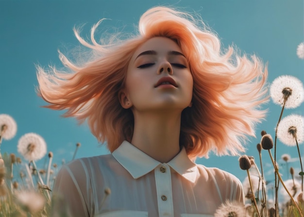 Dandelion flowers and a girl immersed in the photo concept combined with a soft peach