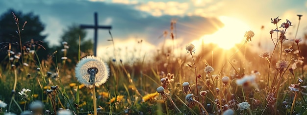 Dandelion flowers on a meadow on a spring day the Holy Cross of Jesus Christ and the Holy Bible