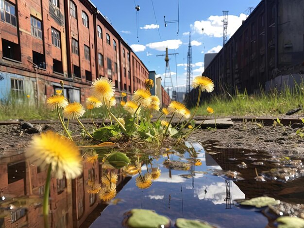 Photo dandelion flowers at nmerik in the style of depictions of urban life