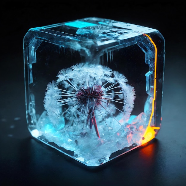 Photo dandelion frozen in an ice cube